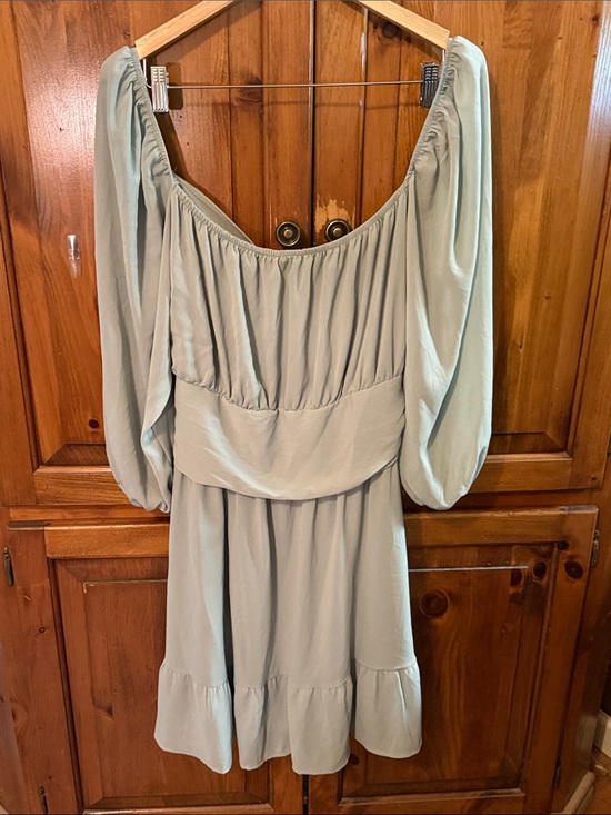 Hount Dresses & Skirts - NWOT Puff-Sleeve Long Sleeve Mini Dress in Light Sage with open back and bow